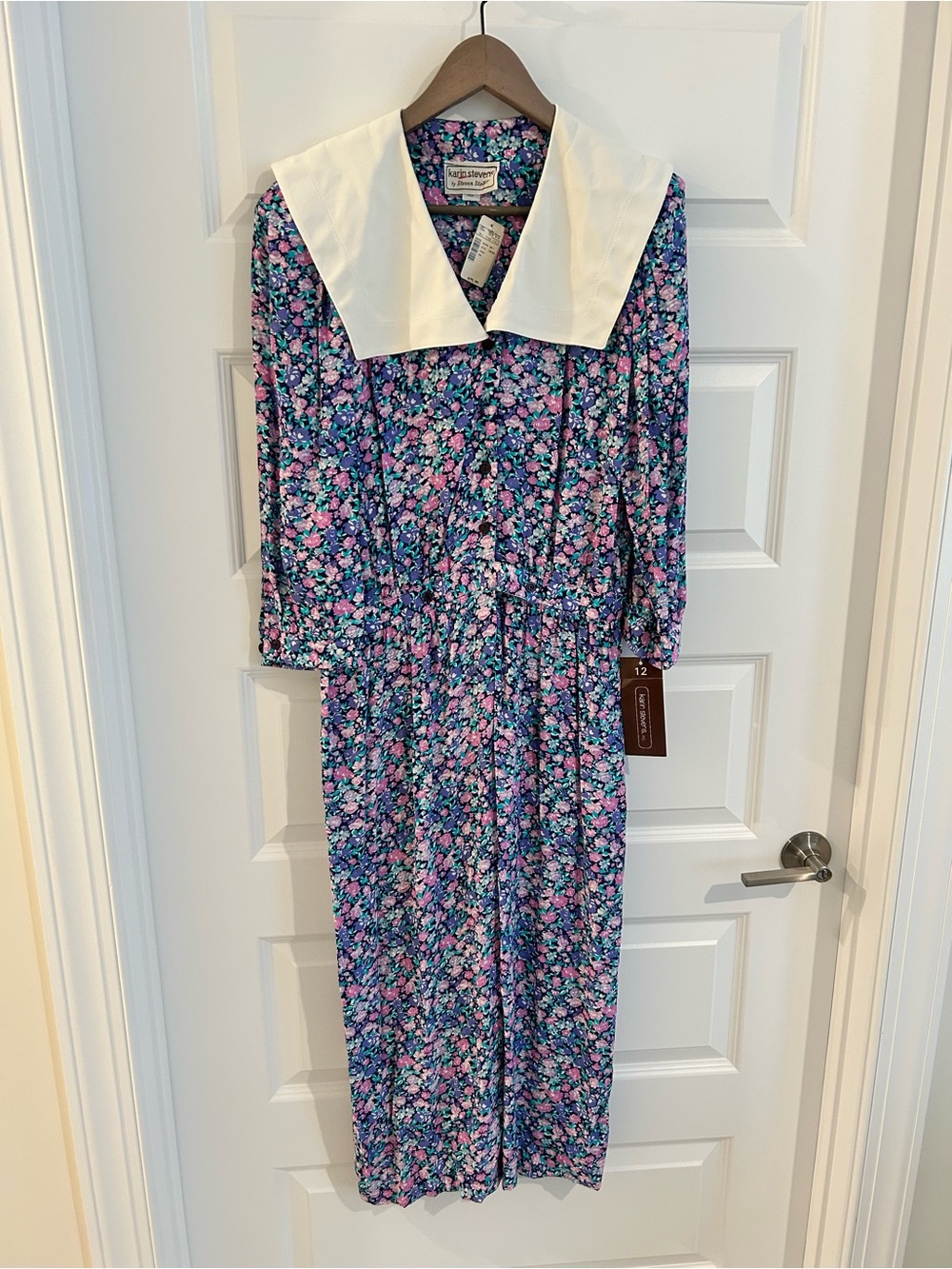 Vintage Karin Stevens Floral Dress Peter Pan Collar Purple Pink Multi Size 12